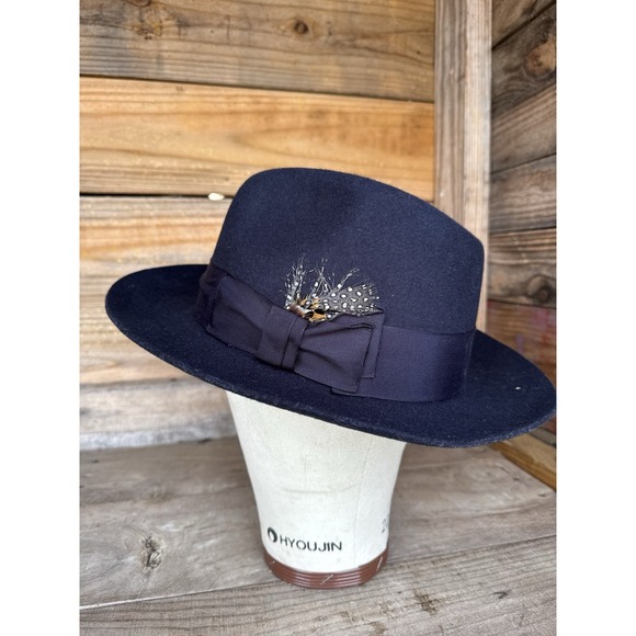 Stacy Adams Men's Large Fedora Hat Black Color 100% Wool With Feather On Side - Picture 9 of 13